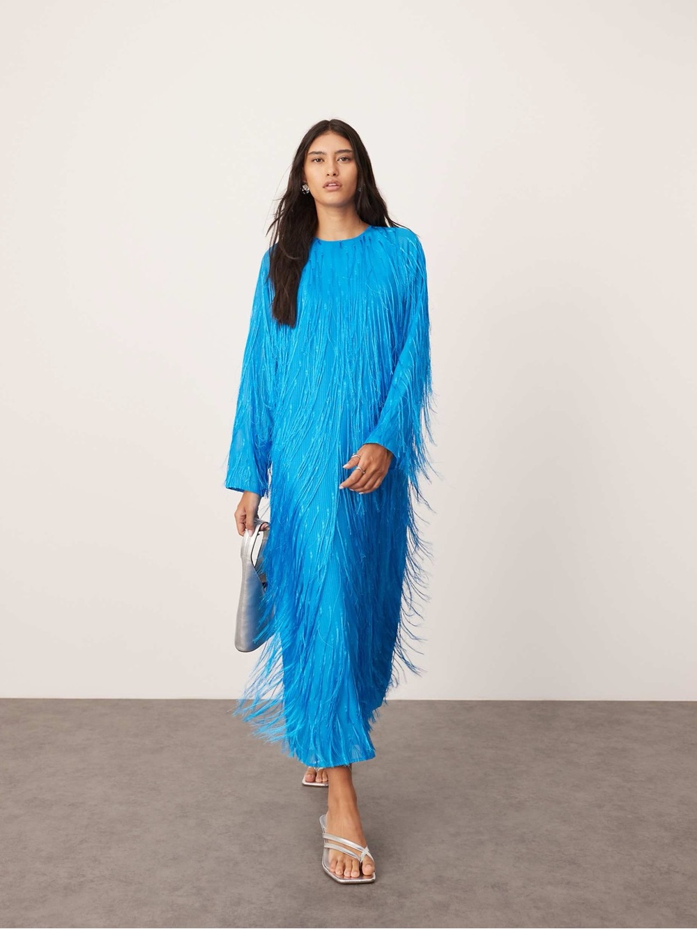 ASOS EDITION fringe detail crew neck maxi dress in bright blue